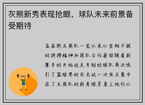 灰熊新秀表现抢眼，球队未来前景备受期待