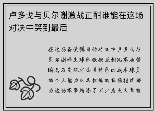 卢多戈与贝尔谢激战正酣谁能在这场对决中笑到最后